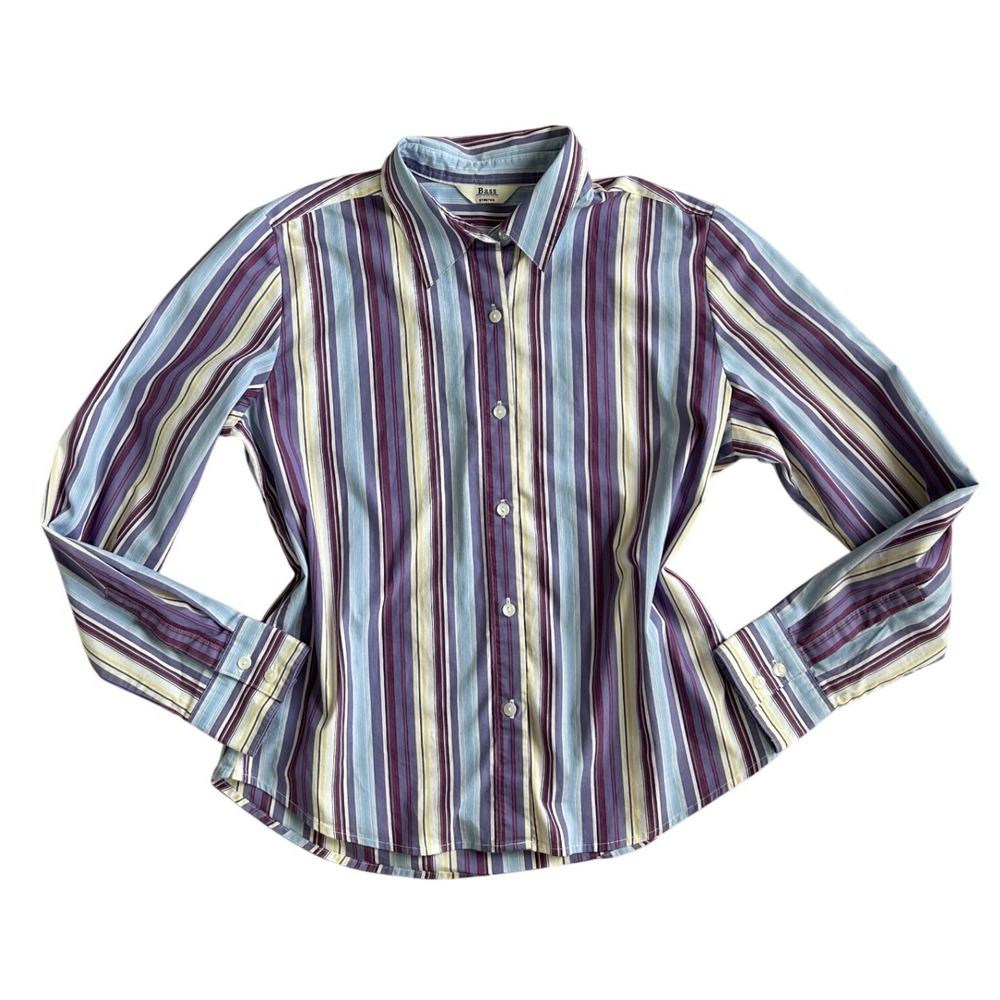 Y2k vtg Small Purple Blue Striped‎ Stretch Button Down Shirt office siren preppy